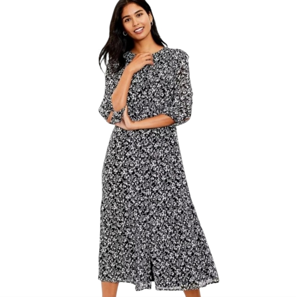Loft Ruffle Floral Midi Maxi Shirt Dress Black White Small Cottagecore Prairie